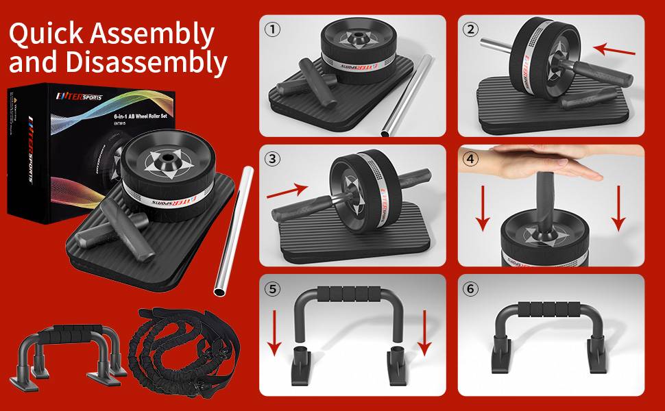 assemble the abs roller wheel and push bars which takes about 20 seconds